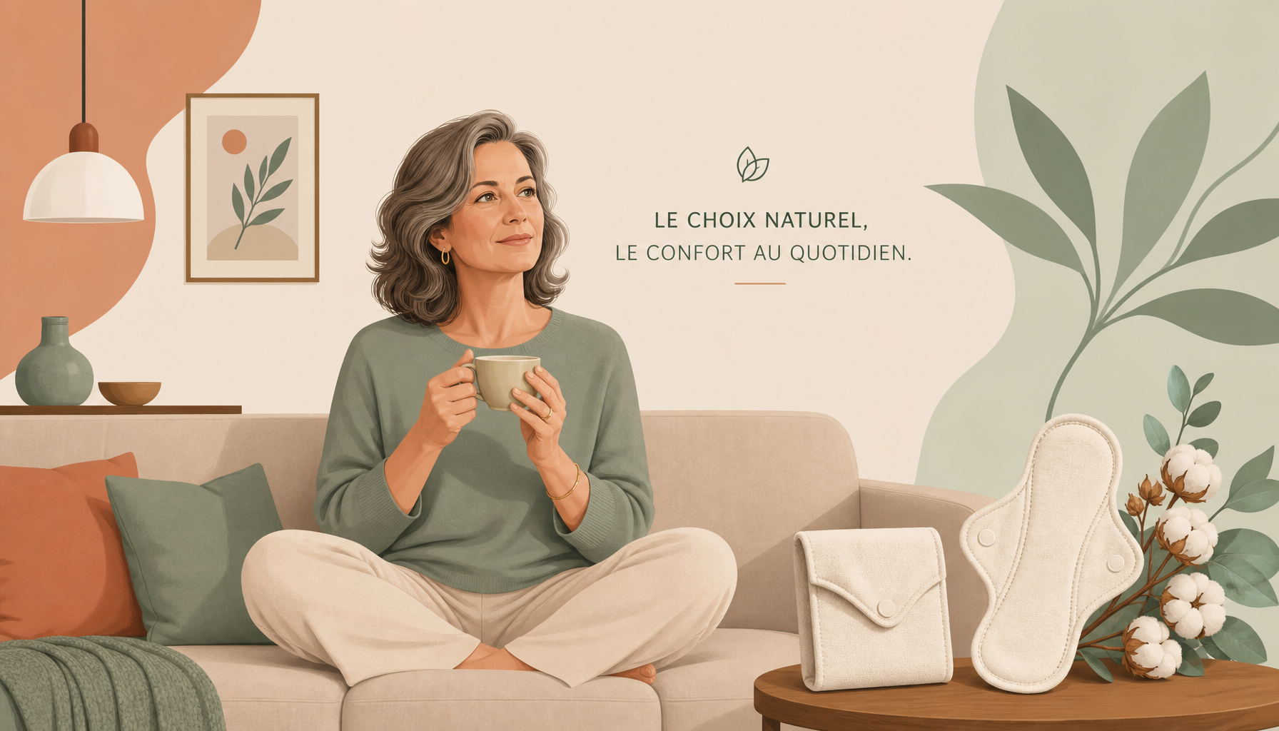 Illustration flat design d une femme d une cinquantaine d annees, sereine sur un canape beige, evocant les changements des pertes blanches pendant la menopause, palette chaude beige et terracotta