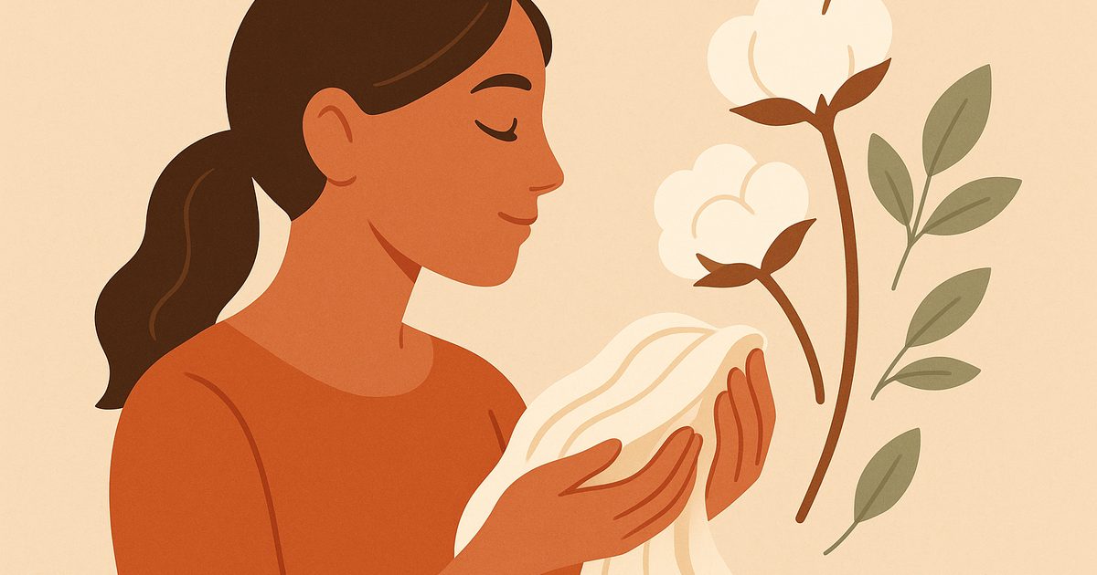 Illustration d'une femme tenant délicatement un tissu en coton bio beige, entourée de brins de coton brut et de feuilles vert sauge, symbole de protège-slip sans plastique et de santé intime naturelle