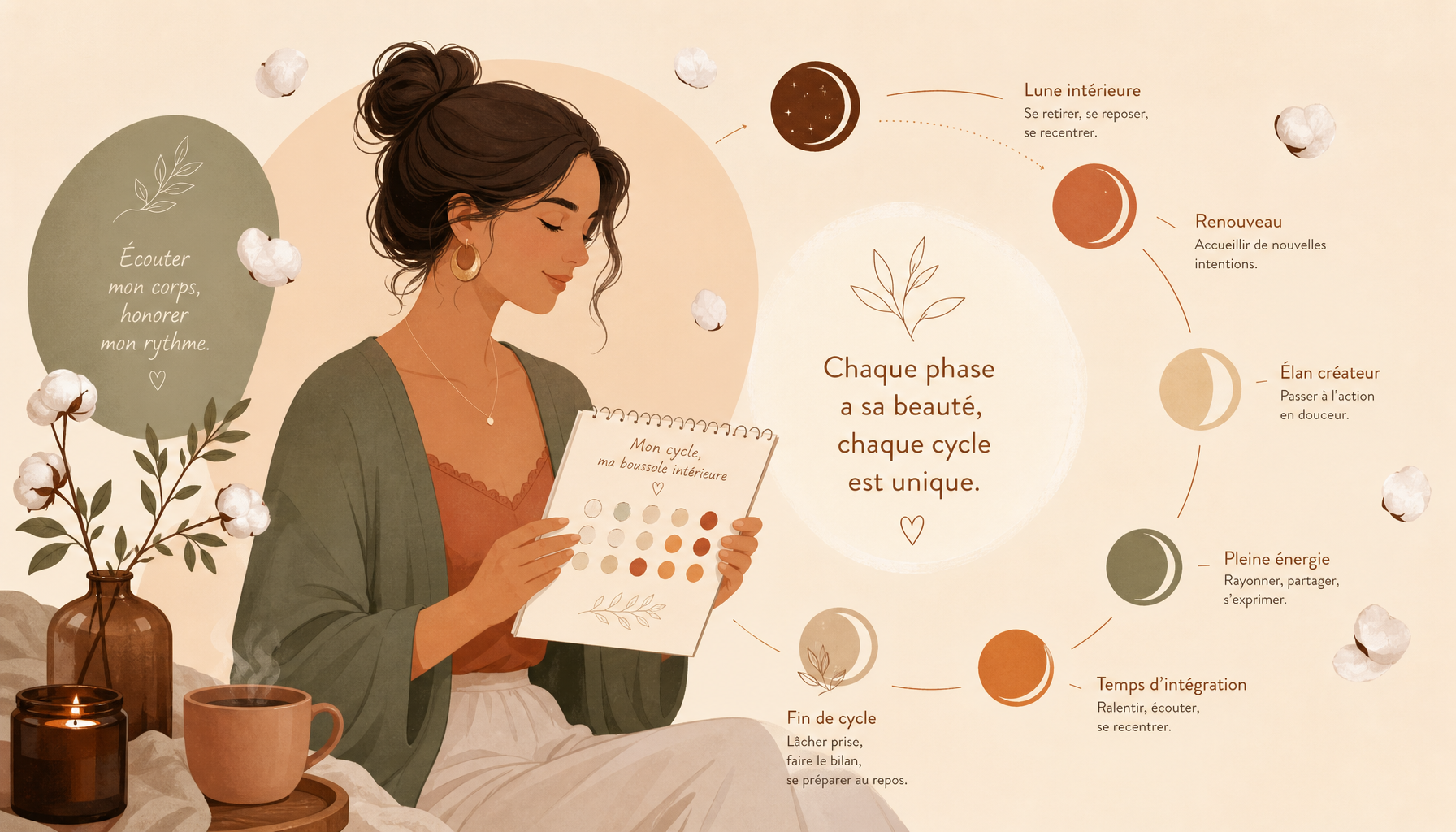 Illustration d une femme observant son cycle menstruel entouree de formes douces et de coton bio, palette beige et terracotta