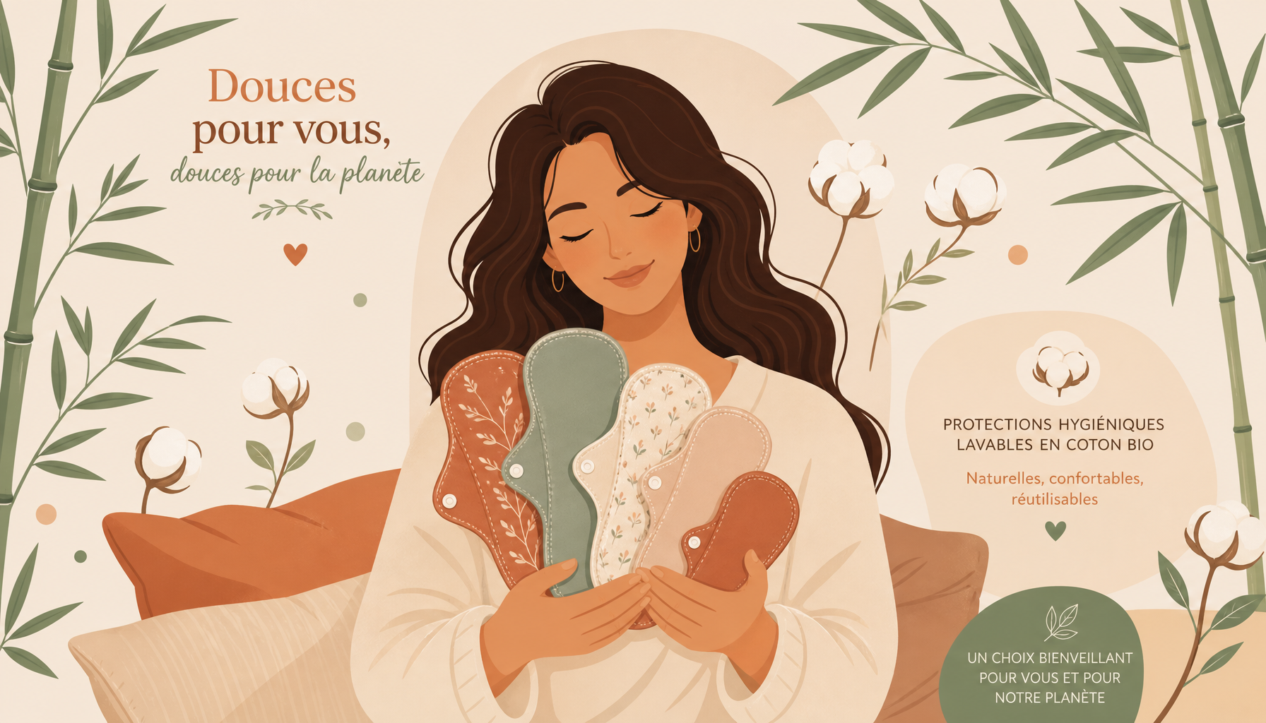 Femme sereine tenant des protections hygiéniques lavables en coton bio entourées de feuilles de bambou et fleurs de coton, illustration flat design palette beige terracotta