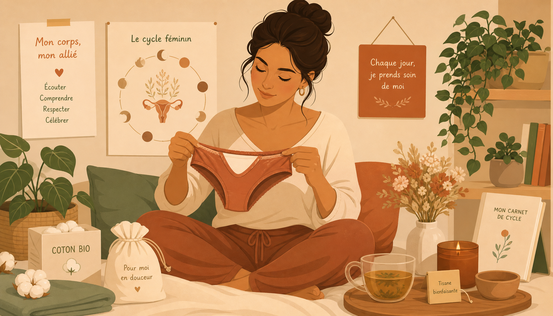 Illustration d'une femme examinant avec sérénité sa protection intime, évoquant la compréhension des pertes blanches abondantes et du cycle menstruel
